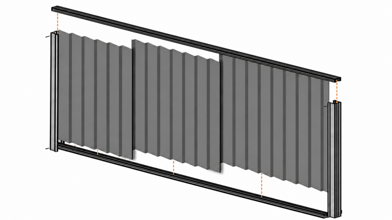 Close-up of a Colorbond-style steel fence system with panels, posts, rails and capping