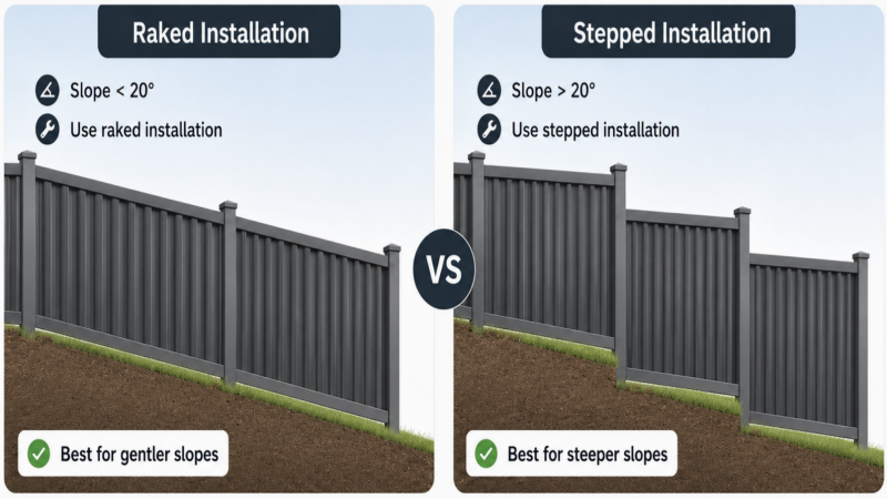 Comparison of stepped installation and raked installation for Colorbond-style fence on sloped ground