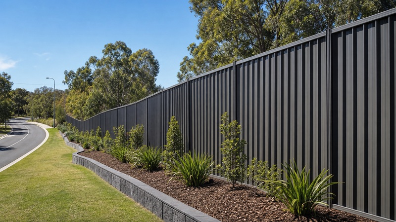 Woodland grey colorbond steel fence for roadside boundary and commercial landscaping project