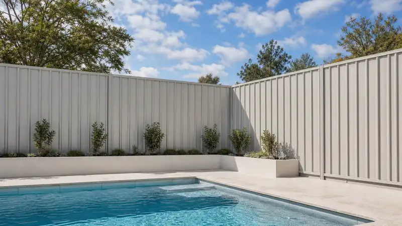 Dune colorbond steel fence around a modern outdoor swimming pool