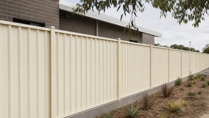 Domain colorbond steel fence along a paved walkway with garden planting