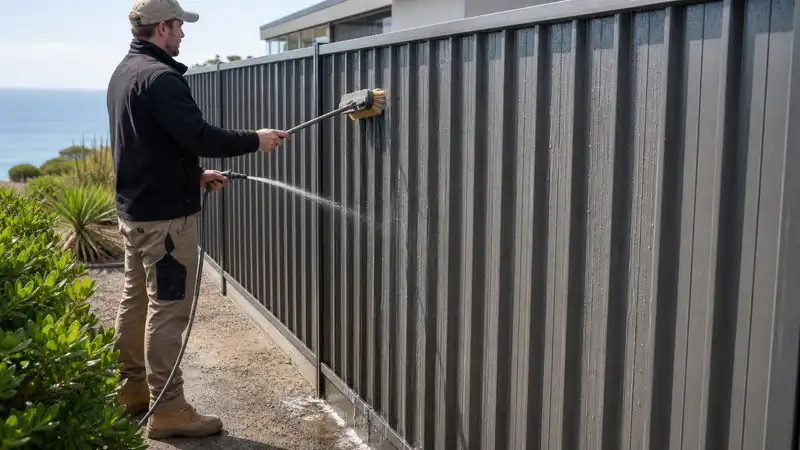 Fresh water cleaning of Colorbond-style steel fence in coastal environment