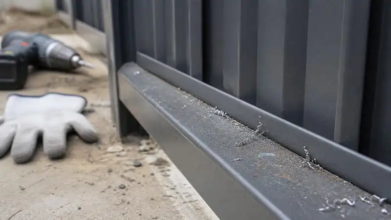 Metal swarf and grinding dust near Colorbond-style fence panels