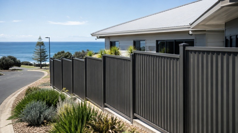 Colorbond-style steel fence installed in a coastal residential area