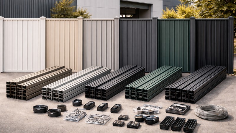 Colorbond fence posts with steel panels rails and accessories