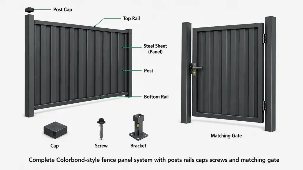 Colorbond-style fence post rail and infill sheet component structure