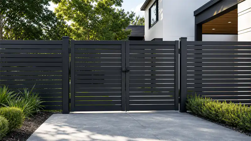 Aluminum privacy gate with matching aluminum privacy fence panels