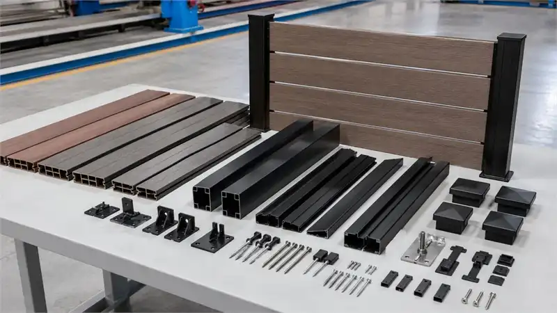 WPC horizontal fence system with boards, aluminum posts, rails and accessories