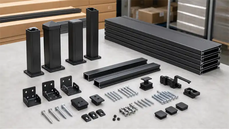 Aluminum privacy fence accessories including posts rails and brackets