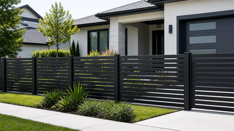 Modern aluminum privacy fence for front yard boundary