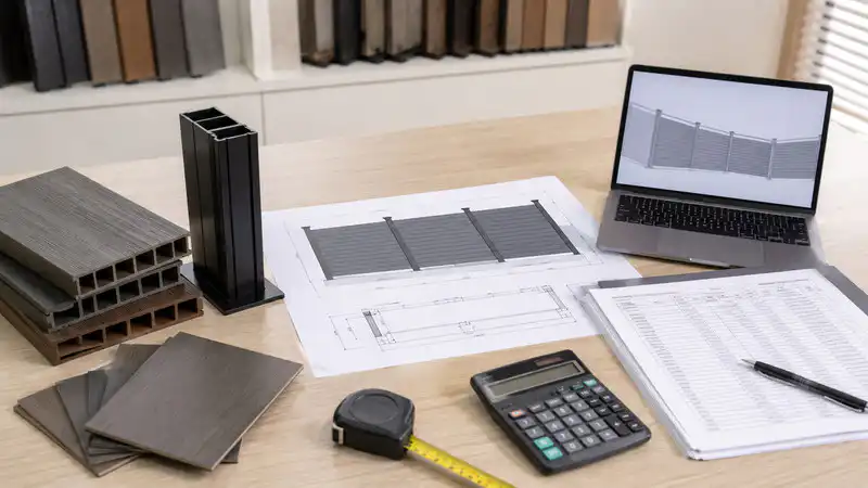 Composite fencing cost planning showing composite fence panel price, composite fence boards and quotation accessories layout