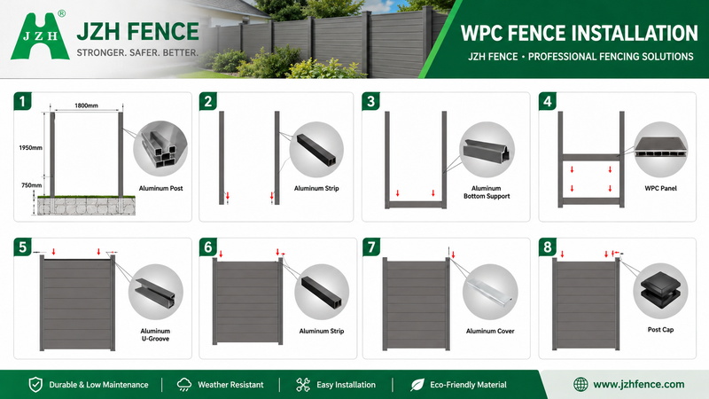 WPC fence installation showing aluminium posts, rails and composite boards being assembled