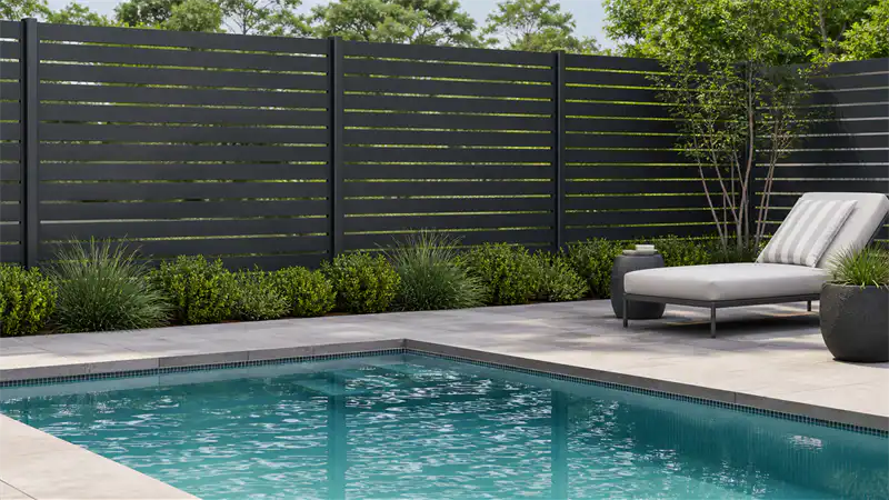 Aluminum privacy fence for poolside privacy area
