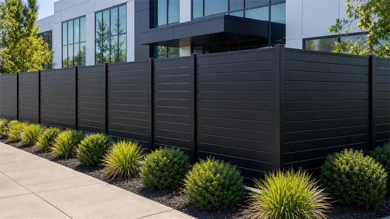 Aluminum privacy fence for commercial property boundary