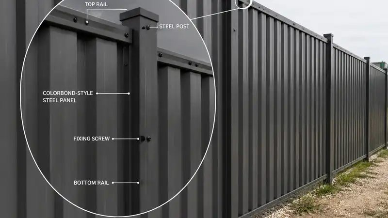  Colorbond-style steel fence structure showing steel panels, posts, rails, and corrosion resistant fixing details