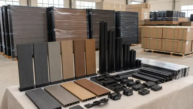 Export warehouse display of composite fencing system including composite fence boards, composite fence posts and packaging