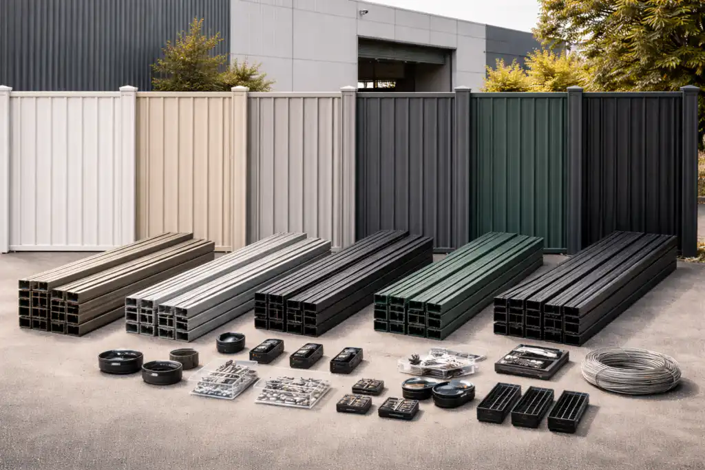 Steel modular fence panels and accessories prepared for B2B fencing projects