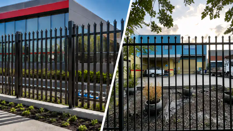 Composite material fence system with composite fence boards and black aluminium posts for B2B fencing projects