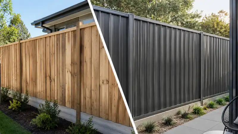 Colorbond-style steel fence and timber fence comparison for Australian residential and commercial boundary projects