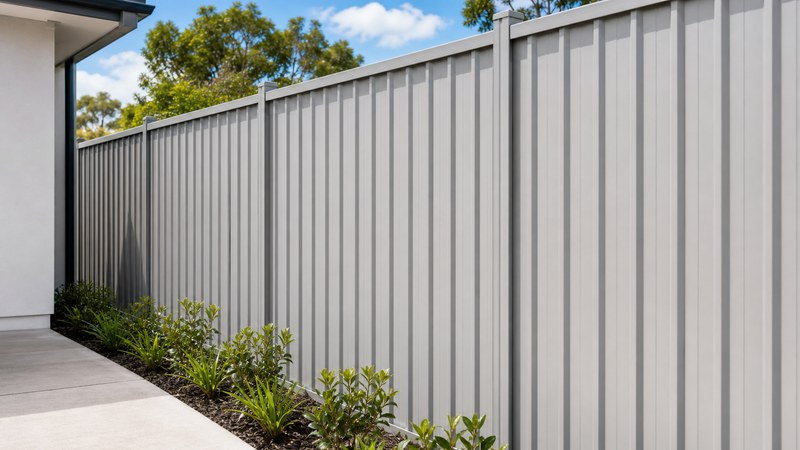 Light colorbond-style steel fence used in a strong sunlight residential outdoor area