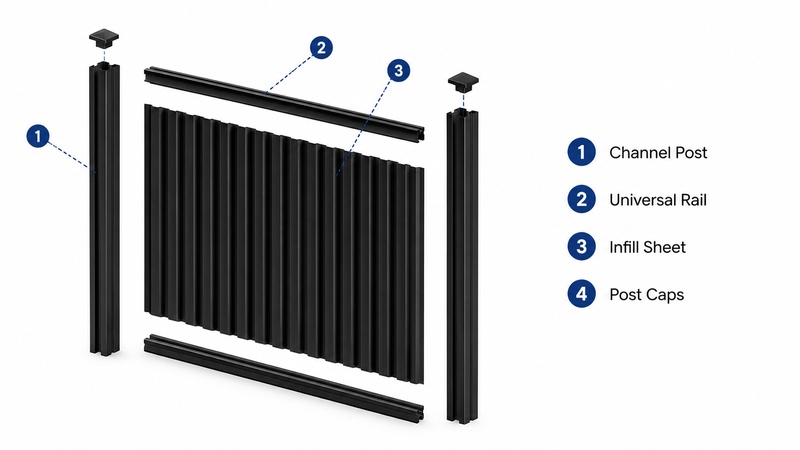 Colorbond-style fence panels with steel posts rails capping and matching gate accessories