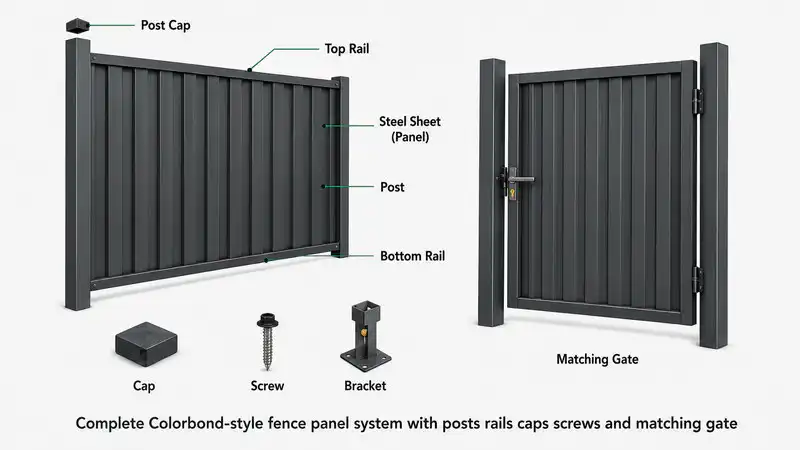 Complete Colorbond-style fence panel system with posts rails caps screws and matching gate