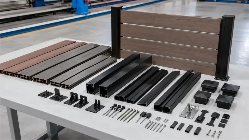 Complete WPC fence system with composite boards, aluminum posts, rails and gate accessories
