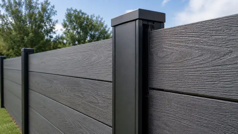 Composite fence panel installed with composite fence posts and aluminium structure showing low maintenance outdoor design