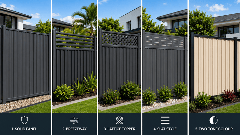 five Colorbond-style fencing styles including solid panel slat breezeway lattice topper and two-tone design