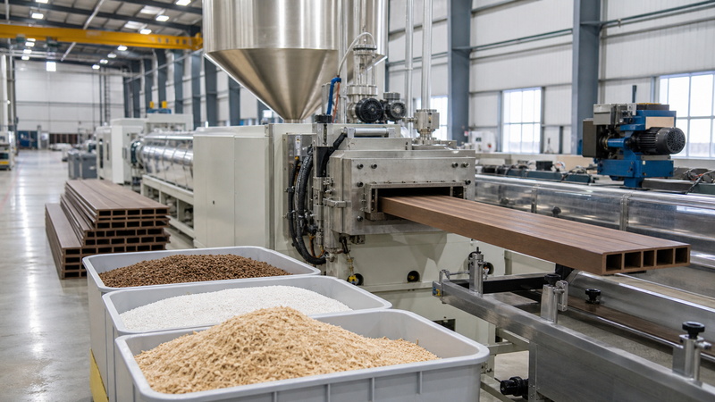 Co-extrusion WPC fencing production with a protective layer formed around the composite core