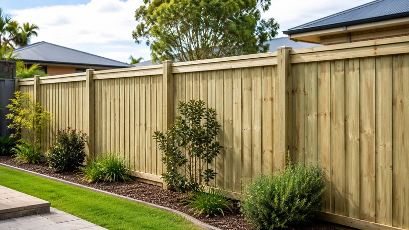 Timber fence panels installed as a residential boundary fence with wooden posts and rails