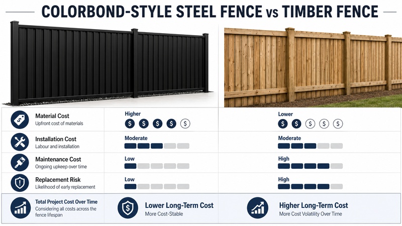 Colorbond-style vs timber fence total project cost comparison including material installation maintenance and replacement risk