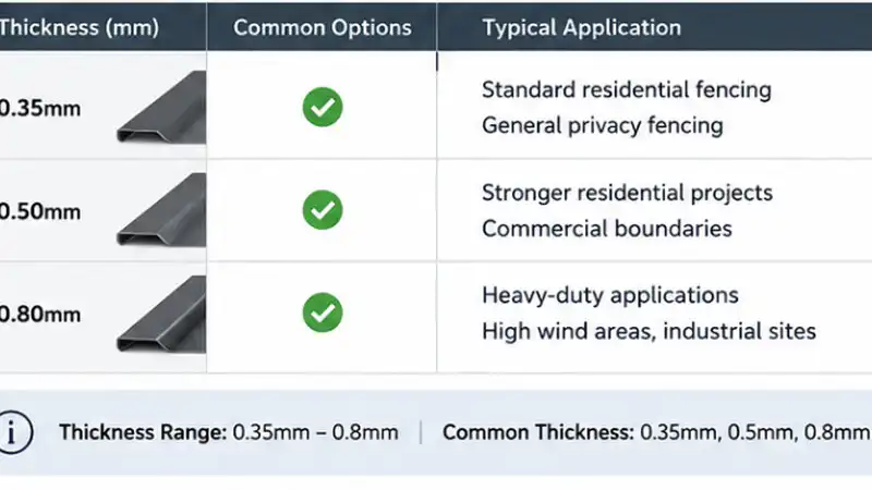 Colorbond-style fence sheet profiles and thickness options for steel fence panels