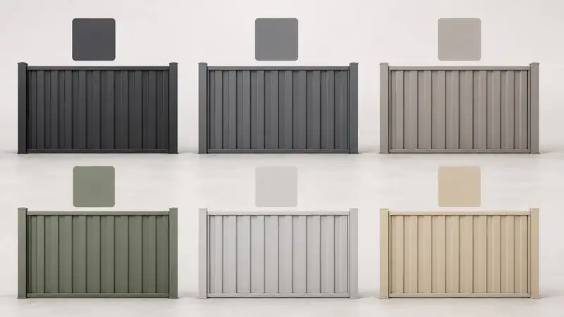 Popular colorbond fencing colours including Monument Woodland Grey Domain Eucalypt Surfmist and Dune