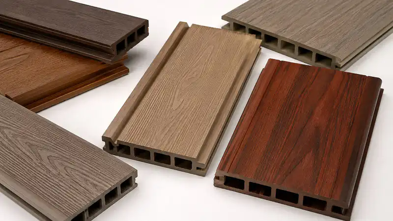 WPC composite fence board samples showing composite fence panel textures including embossed wood grain finishes