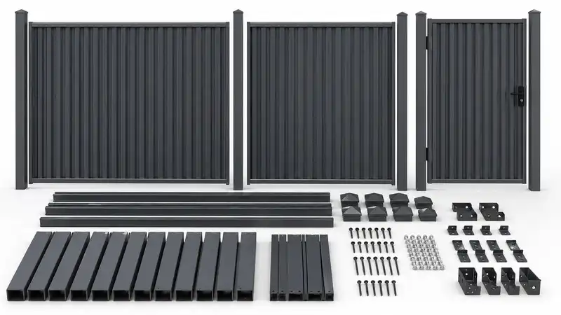 Complete fence system for Colorbond-style panels with posts rails gates and accessories