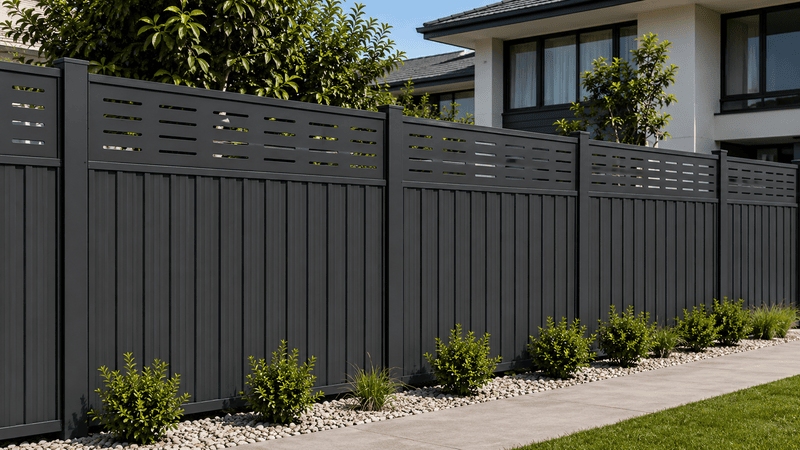 Colorbond-style front fence ideas with slat-style steel fence design for modern front boundaries