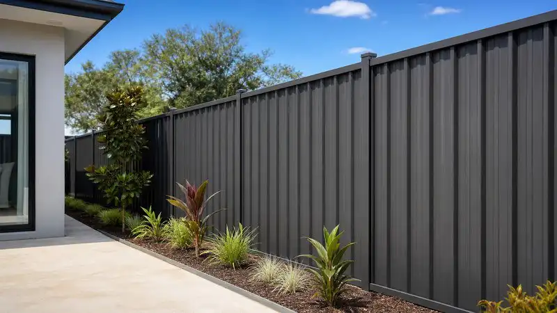 Modern colorbond-style fence design with dark steel panels and contemporary residential architecture