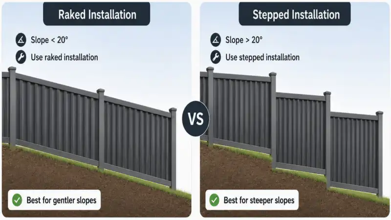 Stepped vs raked installation methods for Colorbond fence panels on sloped ground
