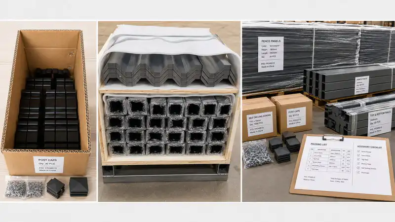 B2B packing for Colorbond-style fence panels with English labels and accessory checklist