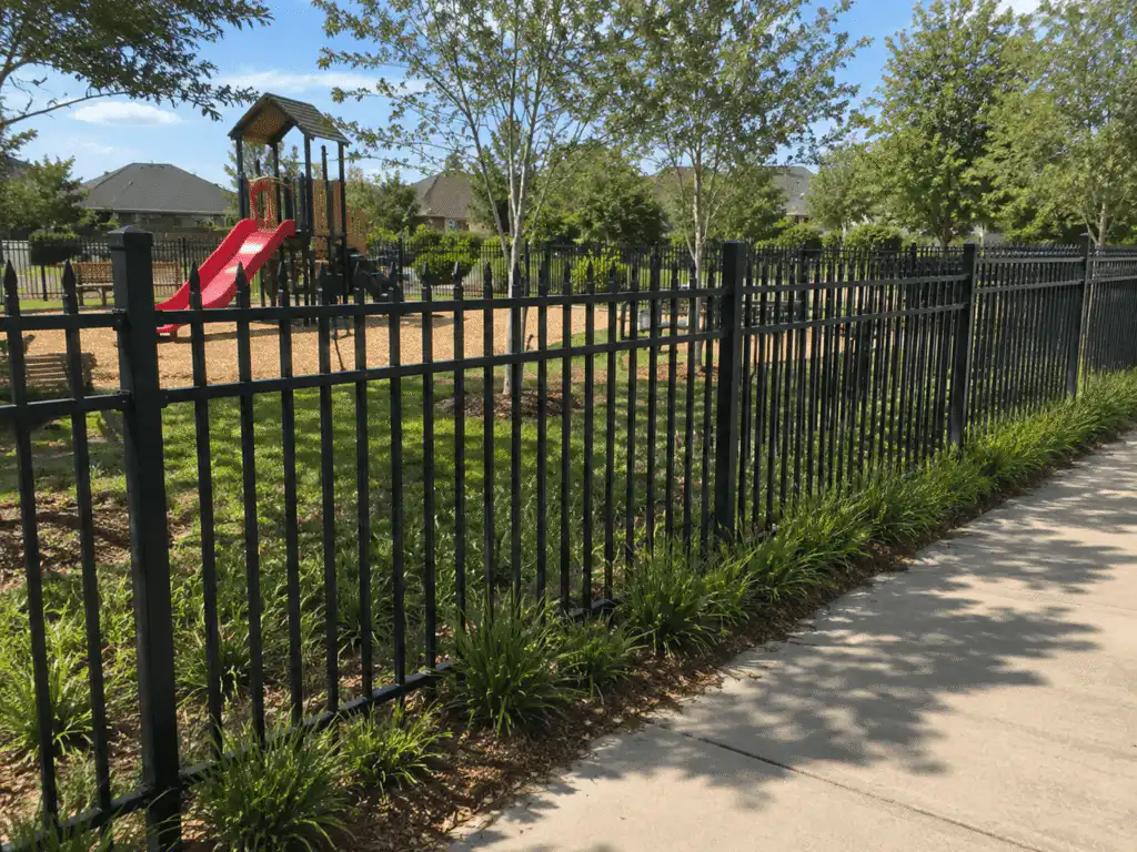 Black tubular security fence installed around a school playground area