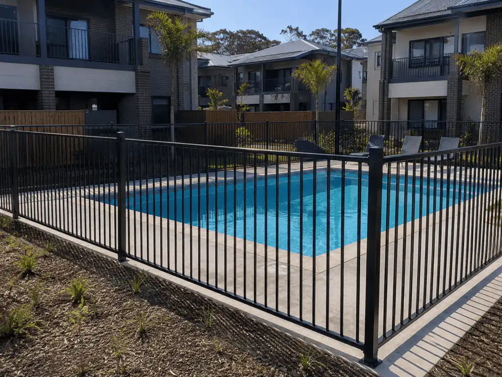 Black tubular pool fencing around an outdoor swimming pool for safety protection