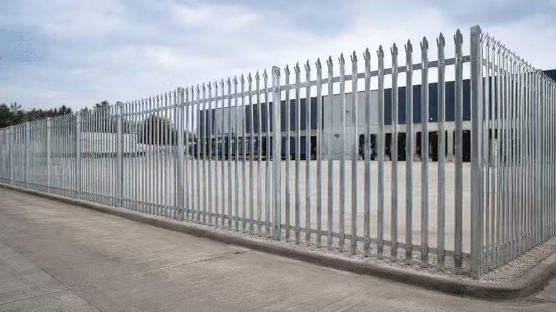 Palisade fence panels with vertical steel pales, rails and posts for high security fencing