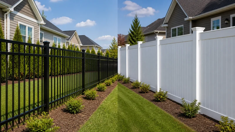 Black aluminum picket fence compared with a white vinyl privacy fence
