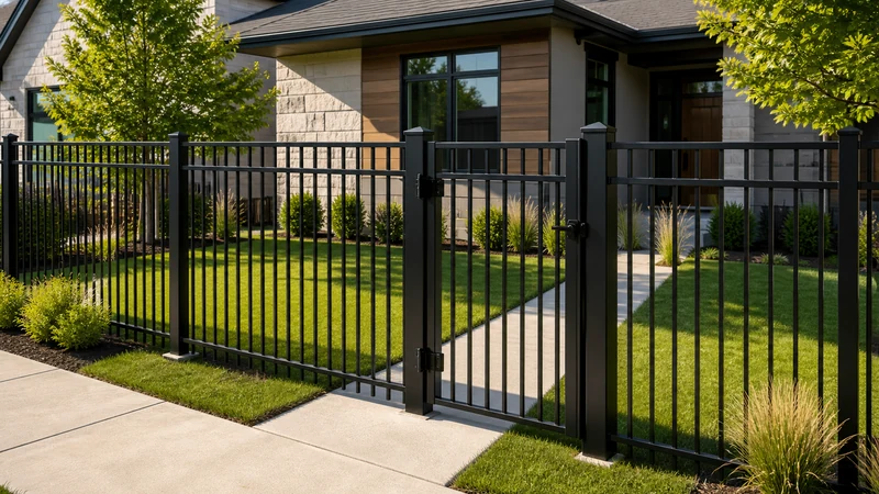 Black powder-coated aluminum fence and matching gate around a North American property