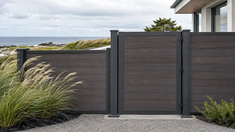 Coastal composite garden gate with reinforced aluminium posts for exposed locations
