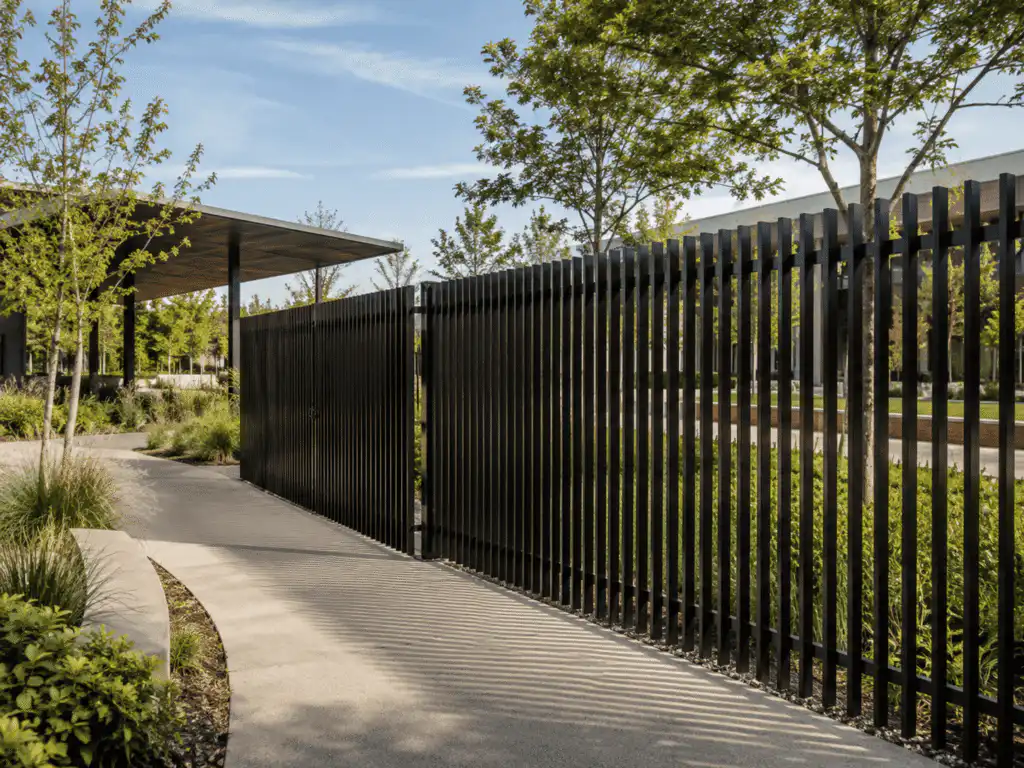Modern blade fence panels for public walkways, custom aluminium profiles and durable coating