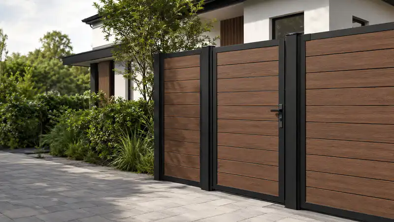 Composite garden gates with walnut WPC boards and black aluminium frames