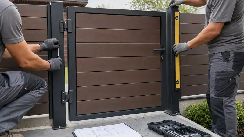 Installers aligning a composite garden gate and adjusting its aluminium posts