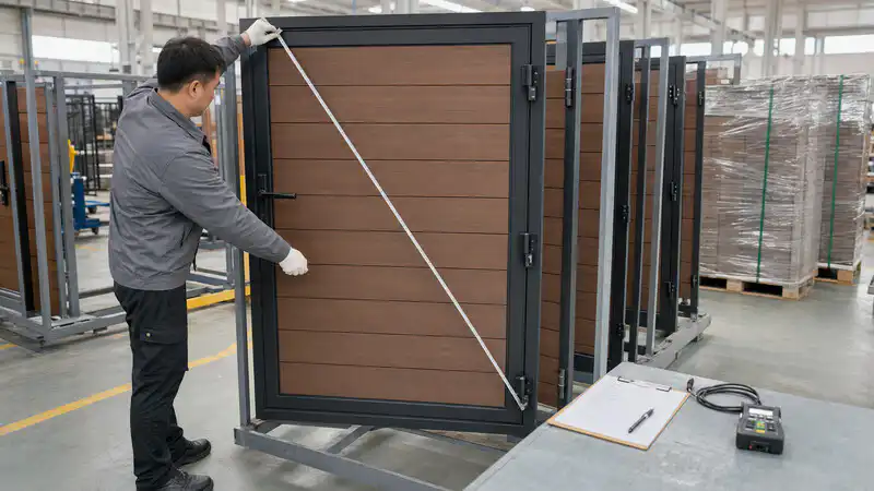 Composite gate quality-control inspection checking dimensions, frame and hardware